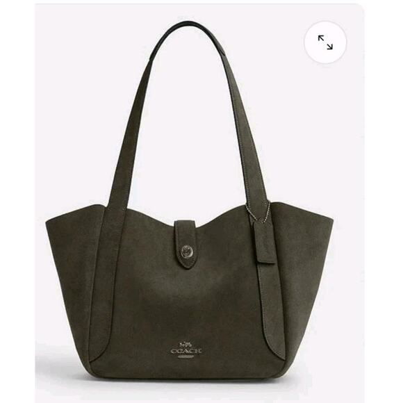 NWT COACH Hadley SUEDE Army Green Olive/ Gunmetal Leather Turnlock Tote Shoulder - Picture 5 of 6